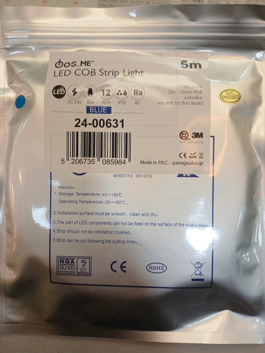 ΛΕΝΤΟΤΑΙΝΙΑ COB 5ΜΕΤΡΩΝ 24V IP20 12W ΜΠΛΕ ΜΕ ΑΥΤ/ΤΟ 3Μ 504 LED